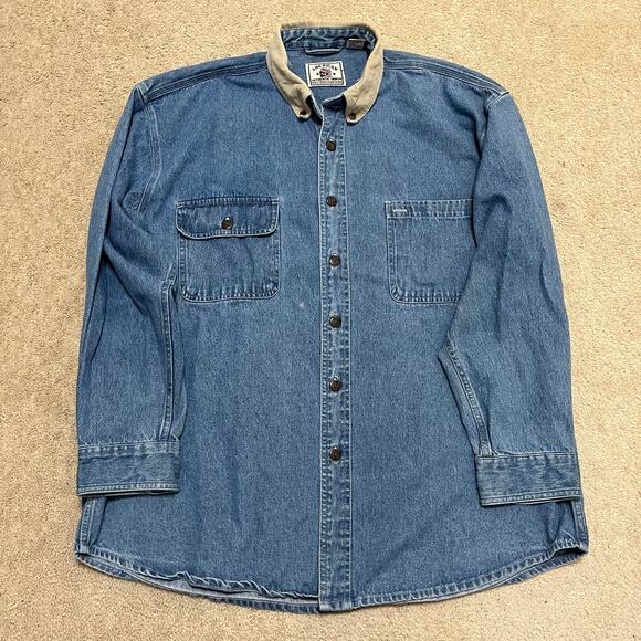 Vintage American Blue Corduroy Collar Denim Jean Button Up XL - Picture 1 of 7